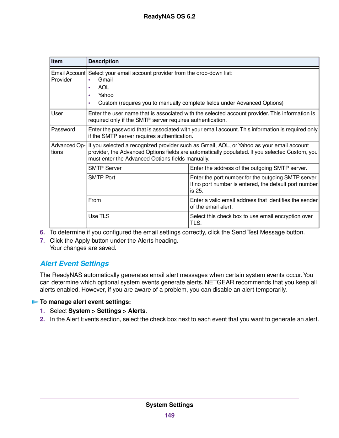 NETGEAR READYNAS 312, READYNAS 716X, READYNAS 4220, READYNAS 516, READYNAS 316, READYNAS 2120 Alert Event Settings, 149 