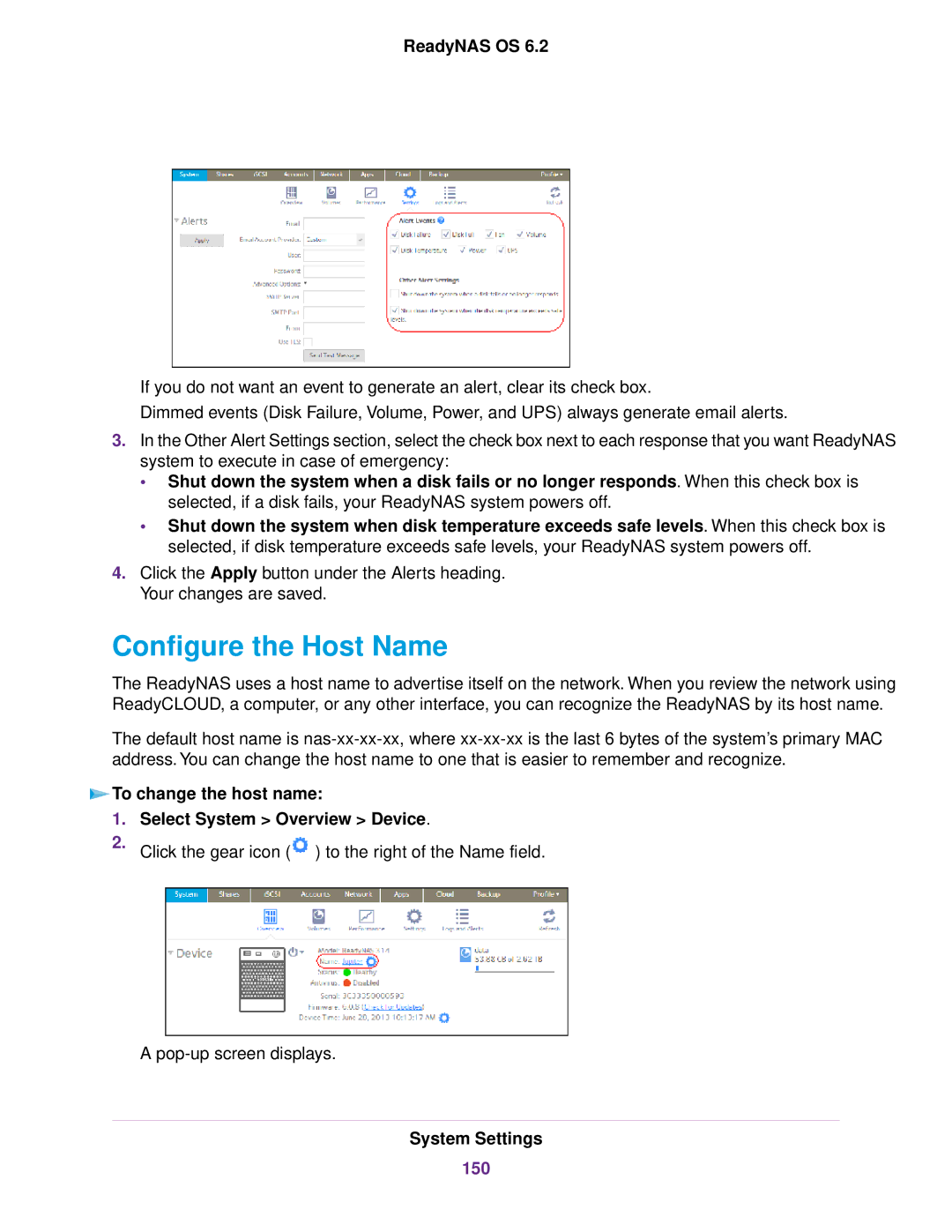 NETGEAR READYNAS 314, READYNAS 716X Configure the Host Name, To change the host name Select System Overview Device, 150 