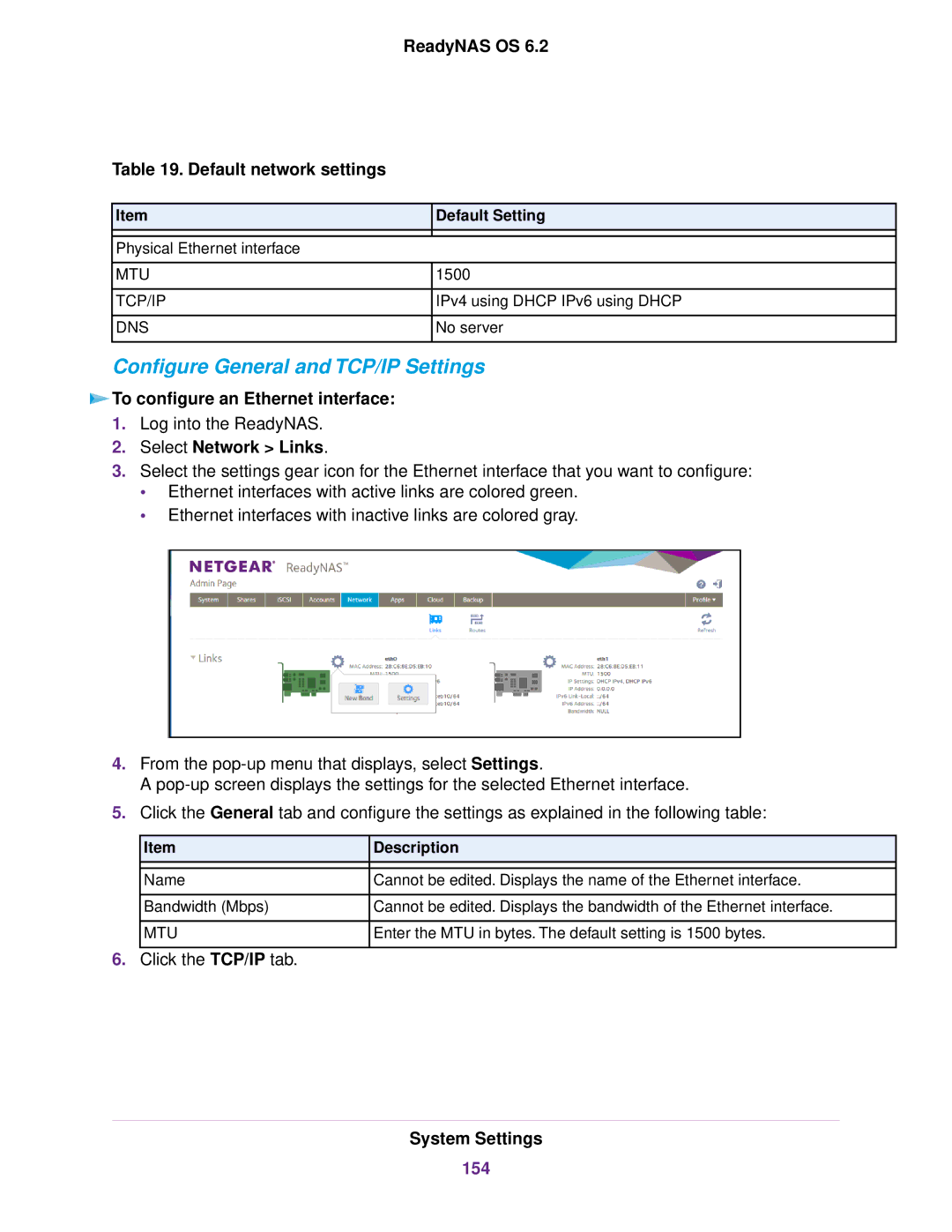 NETGEAR EDA 500 Configure General and TCP/IP Settings, ReadyNAS OS Default network settings, Select Network Links, 154 