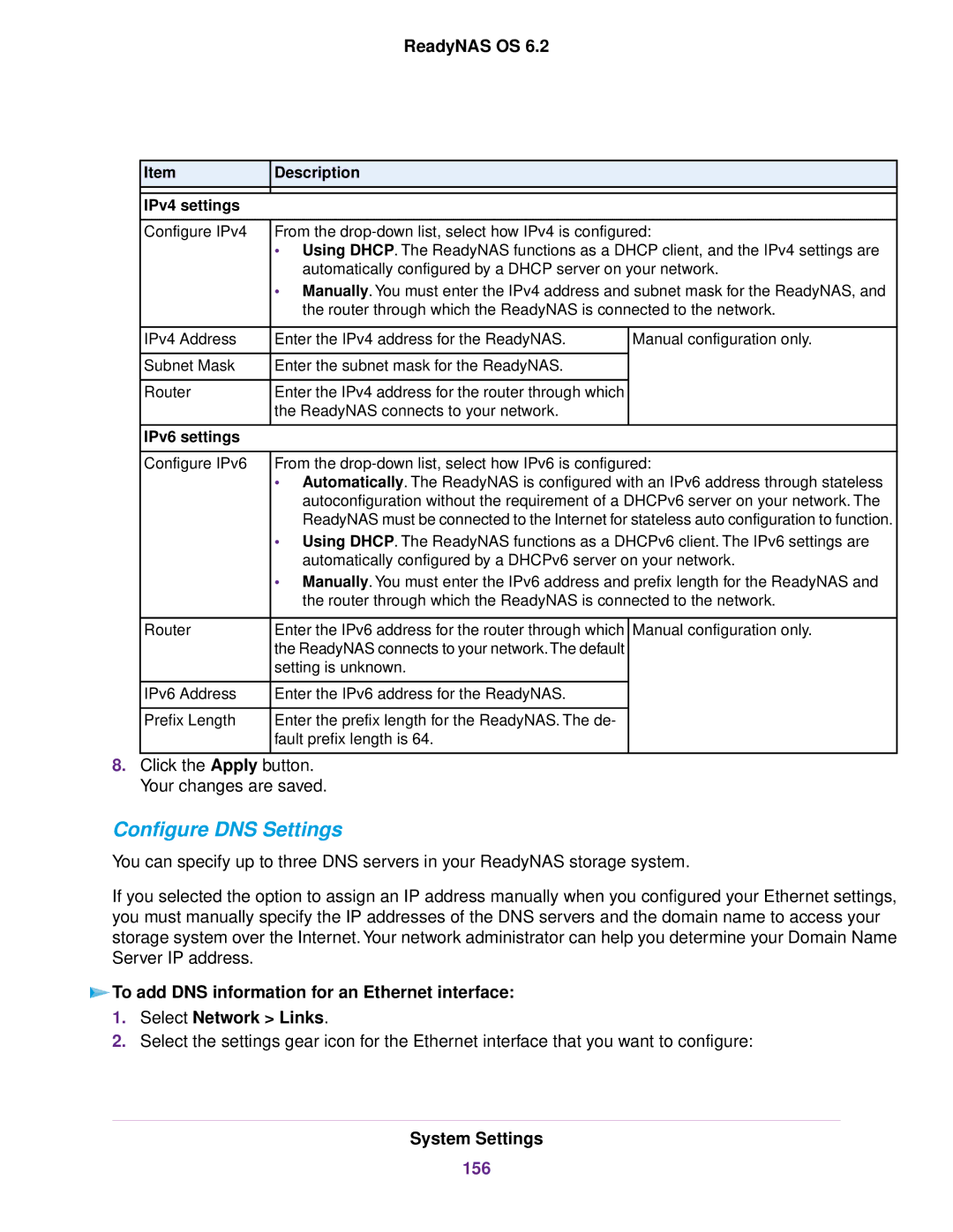 NETGEAR READYNAS 716X, READYNAS 4220, READYNAS 516, READYNAS 316, READYNAS 2120, READYNAS 312 Configure DNS Settings, 156 