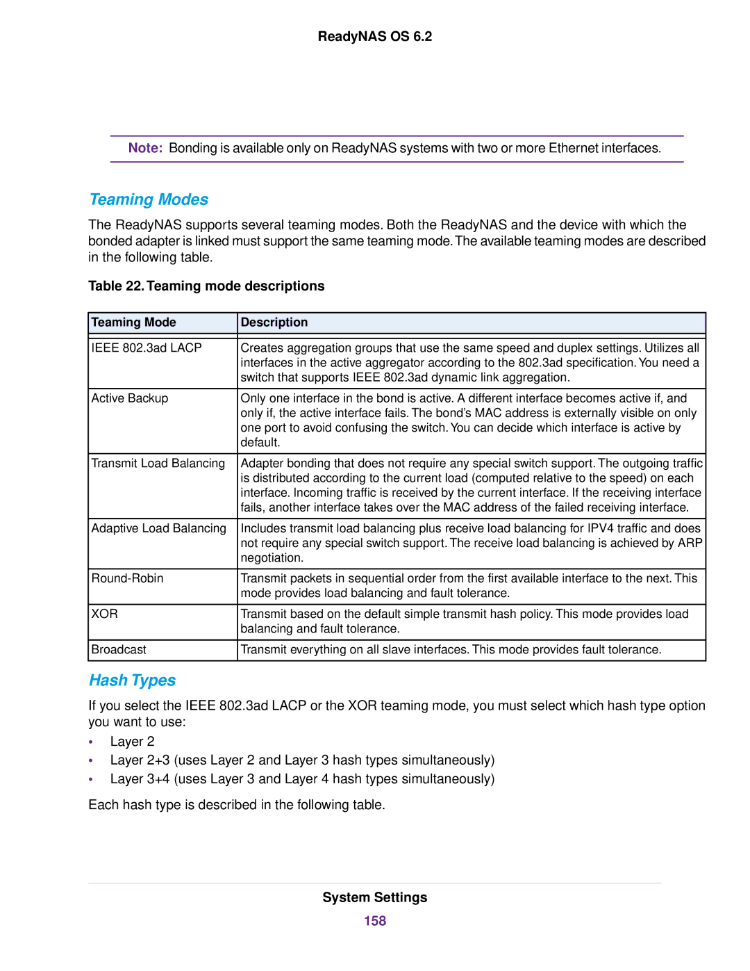 NETGEAR READYNAS 516, READYNAS 716X, READYNAS 4220, READYNAS 316 Teaming Modes, Hash Types, Teaming mode descriptions, 158 