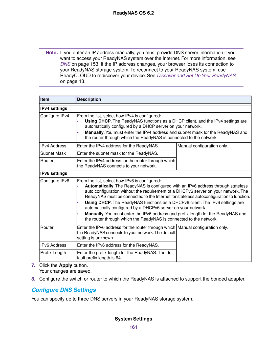 NETGEAR READYNAS 312, READYNAS 716X, READYNAS 4220, READYNAS 516, READYNAS 316, READYNAS 2120 Configure DNS Settings, 161 