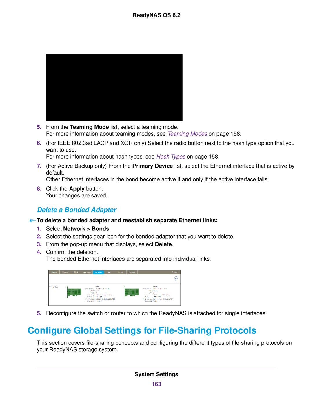 NETGEAR READYNAS 3220, READYNAS 716X Configure Global Settings for File-Sharing Protocols, Delete a Bonded Adapter, 163 