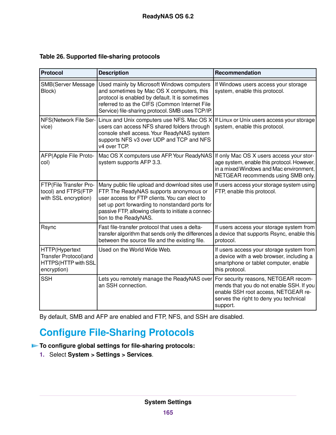 NETGEAR READYNAS 104, READYNAS 716X, READYNAS 4220, READYNAS 516, READYNAS 316, EDA 500 Configure File-Sharing Protocols, 165 