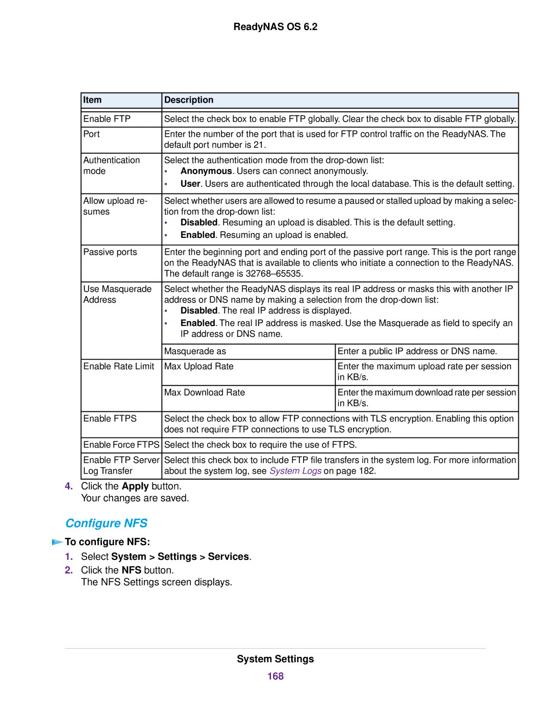 NETGEAR READYNAS 716X, READYNAS 4220, READYNAS 516 Configure NFS, To configure NFS Select System Settings Services, 168 