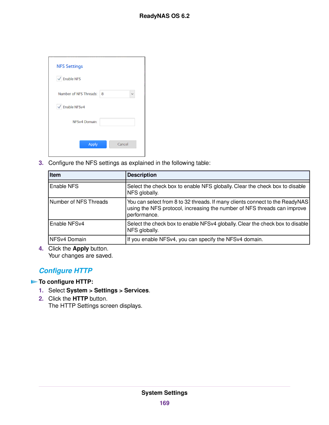 NETGEAR READYNAS 4220, READYNAS 716X, READYNAS 516 Configure Http, To configure Http Select System Settings Services, 169 