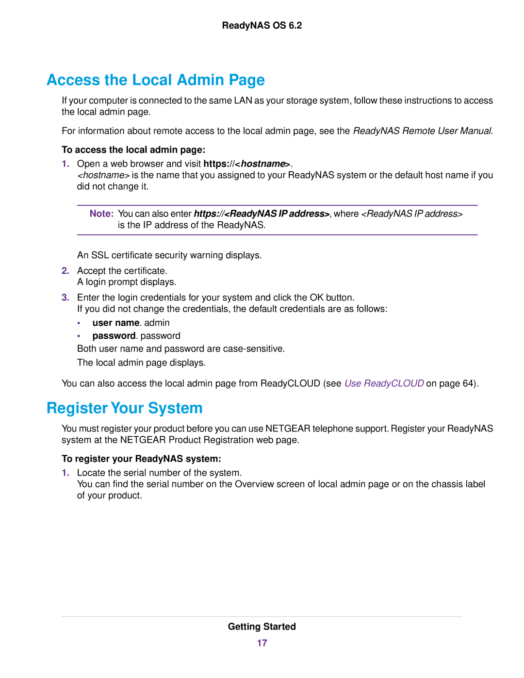 NETGEAR READYNAS 312, EDA 500 Access the Local Admin, Register Your System, To access the local admin, User name. admin 