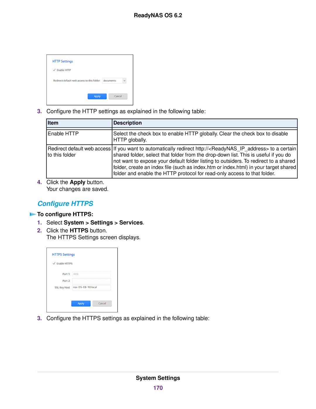 NETGEAR READYNAS 516, READYNAS 716X, READYNAS 4220 Configure Https, To configure Https Select System Settings Services, 170 