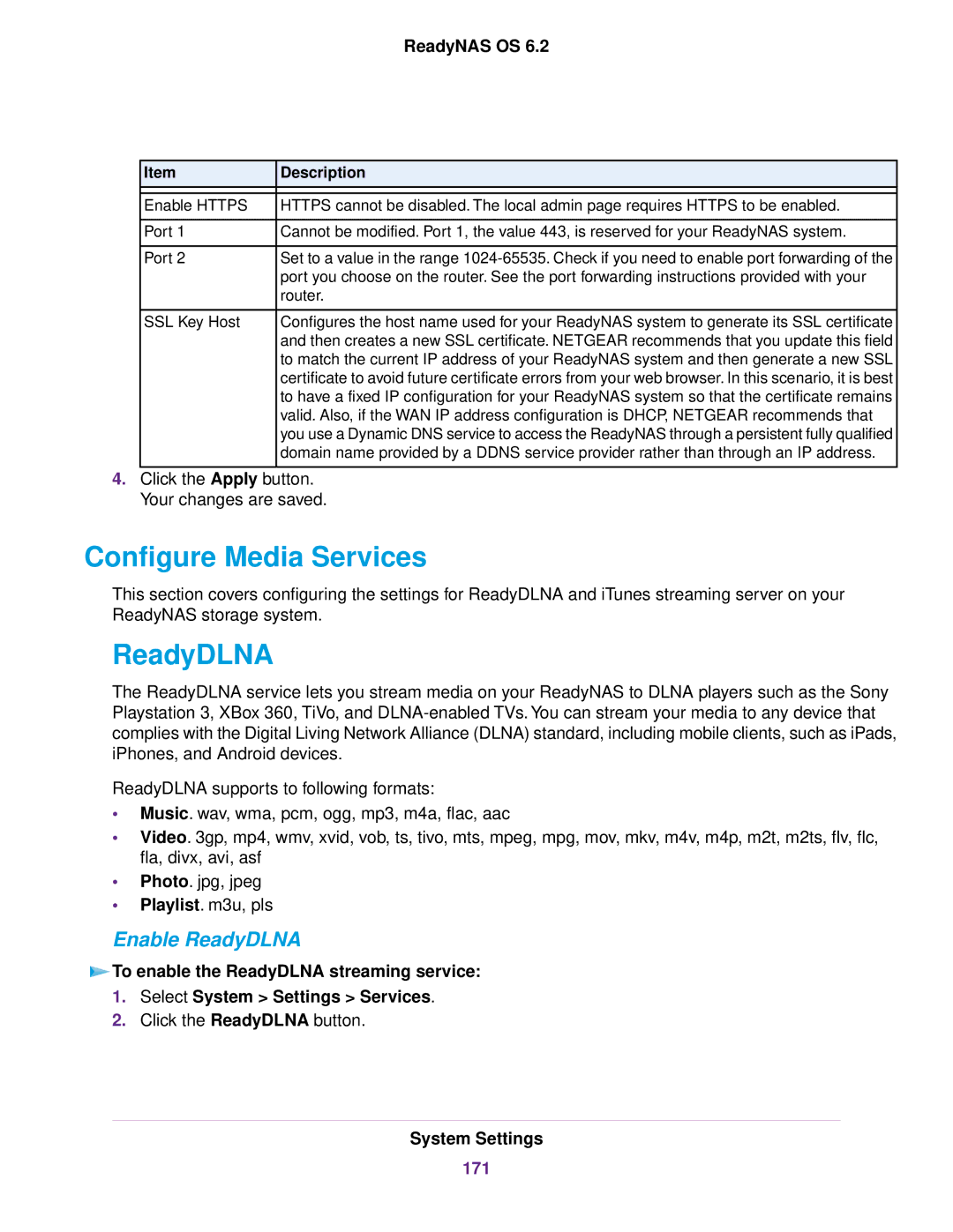 NETGEAR READYNAS 316, READYNAS 716X, READYNAS 4220, READYNAS 516, EDA 500 Configure Media Services, Enable ReadyDLNA, 171 