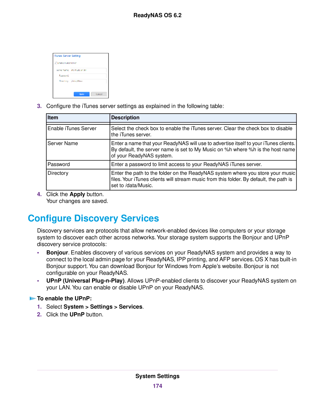 NETGEAR READYNAS 314, READYNAS 716X Configure Discovery Services, To enable the UPnP Select System Settings Services, 174 