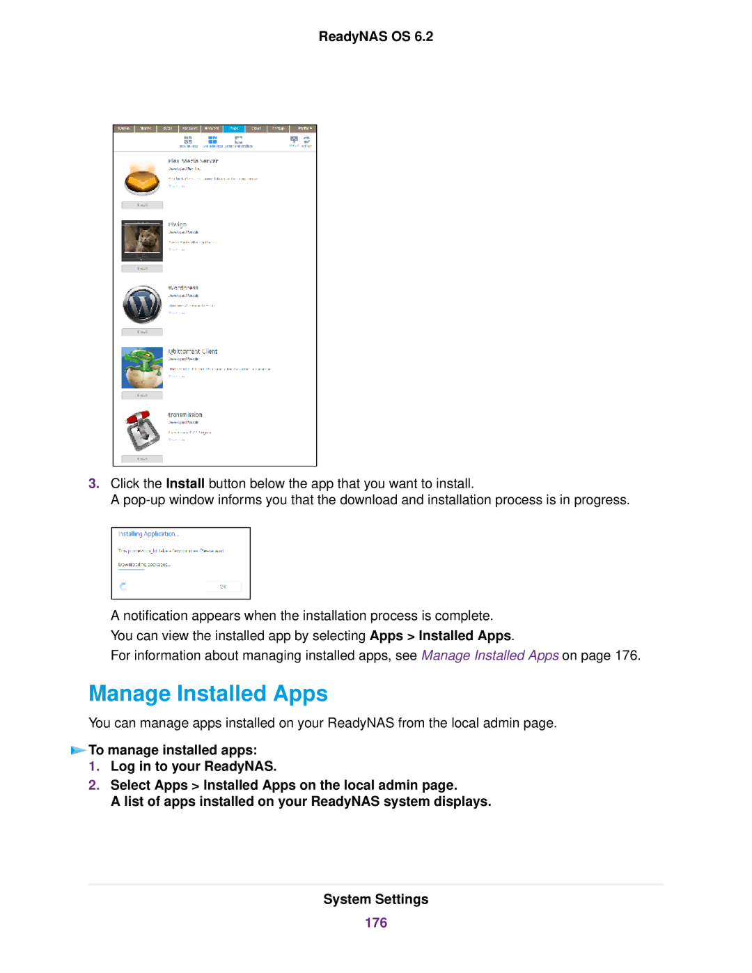 NETGEAR READYNAS 102, READYNAS 716X, READYNAS 4220, READYNAS 516, READYNAS 316, READYNAS 2120 Manage Installed Apps, 176 