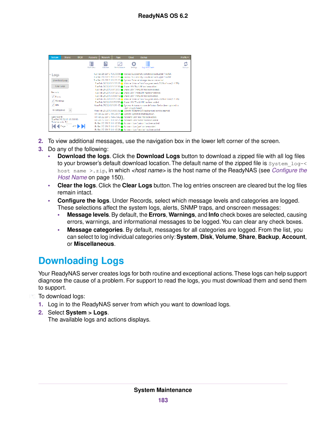 NETGEAR READYNAS 316, READYNAS 716X, READYNAS 4220, READYNAS 516, READYNAS 2120 Downloading Logs, Select System Logs, 183 