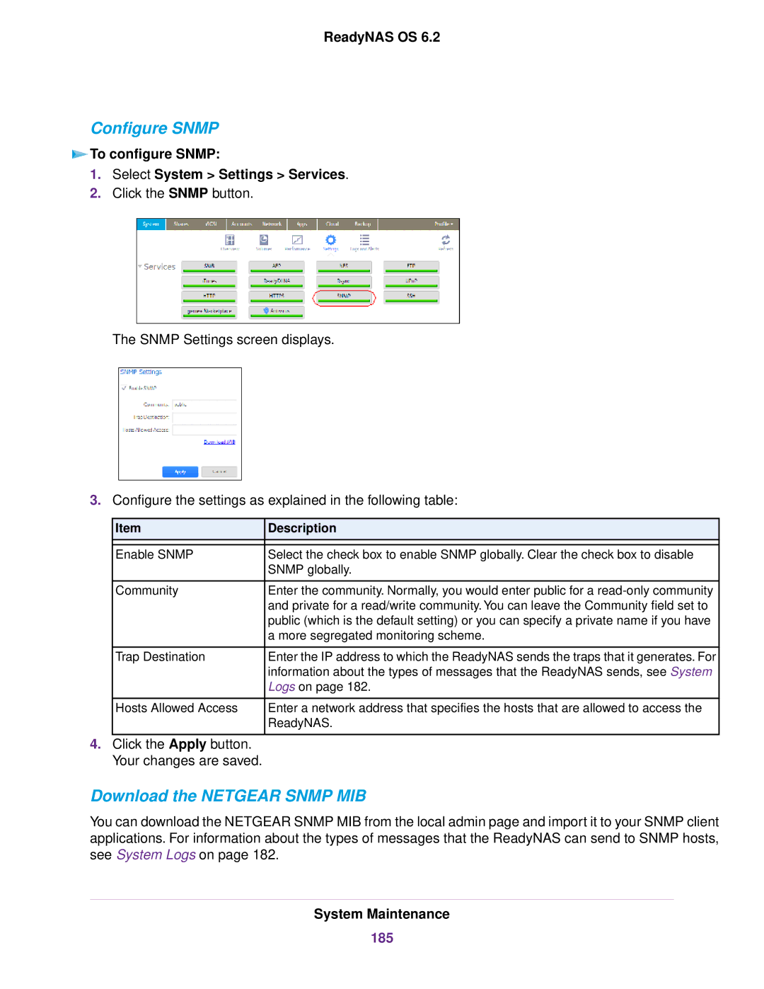 NETGEAR READYNAS 312 Configure Snmp, Download the Netgear Snmp MIB, To configure Snmp Select System Settings Services, 185 