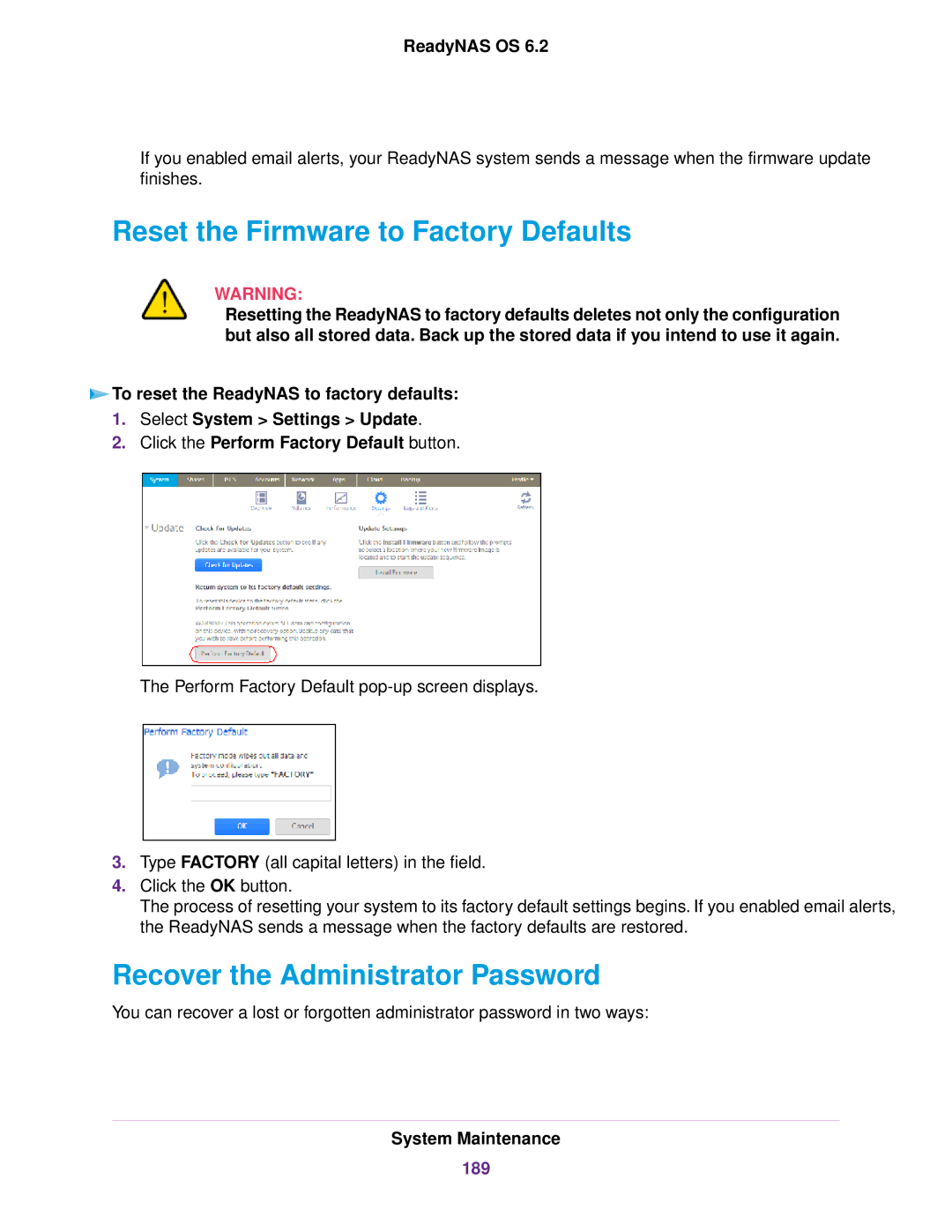 NETGEAR READYNAS 104, READYNAS 716X Reset the Firmware to Factory Defaults, Recover the Administrator Password, 189 