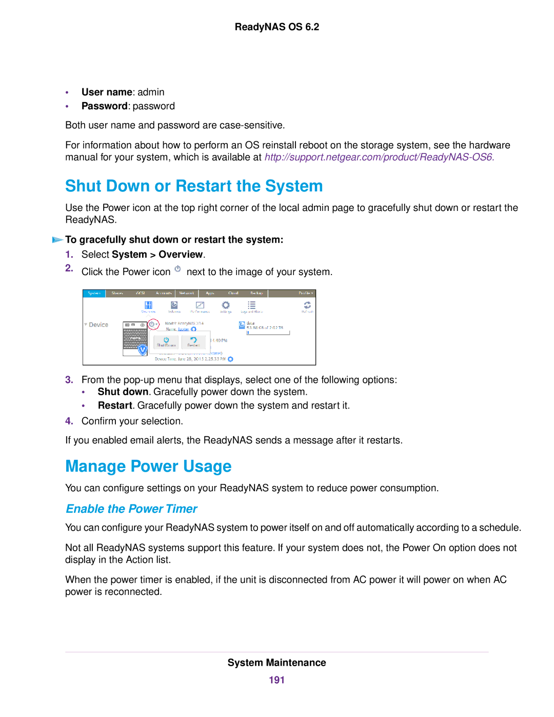 NETGEAR ReadyNAS 2120 v2, READYNAS 716X Shut Down or Restart the System, Manage Power Usage, Enable the Power Timer, 191 