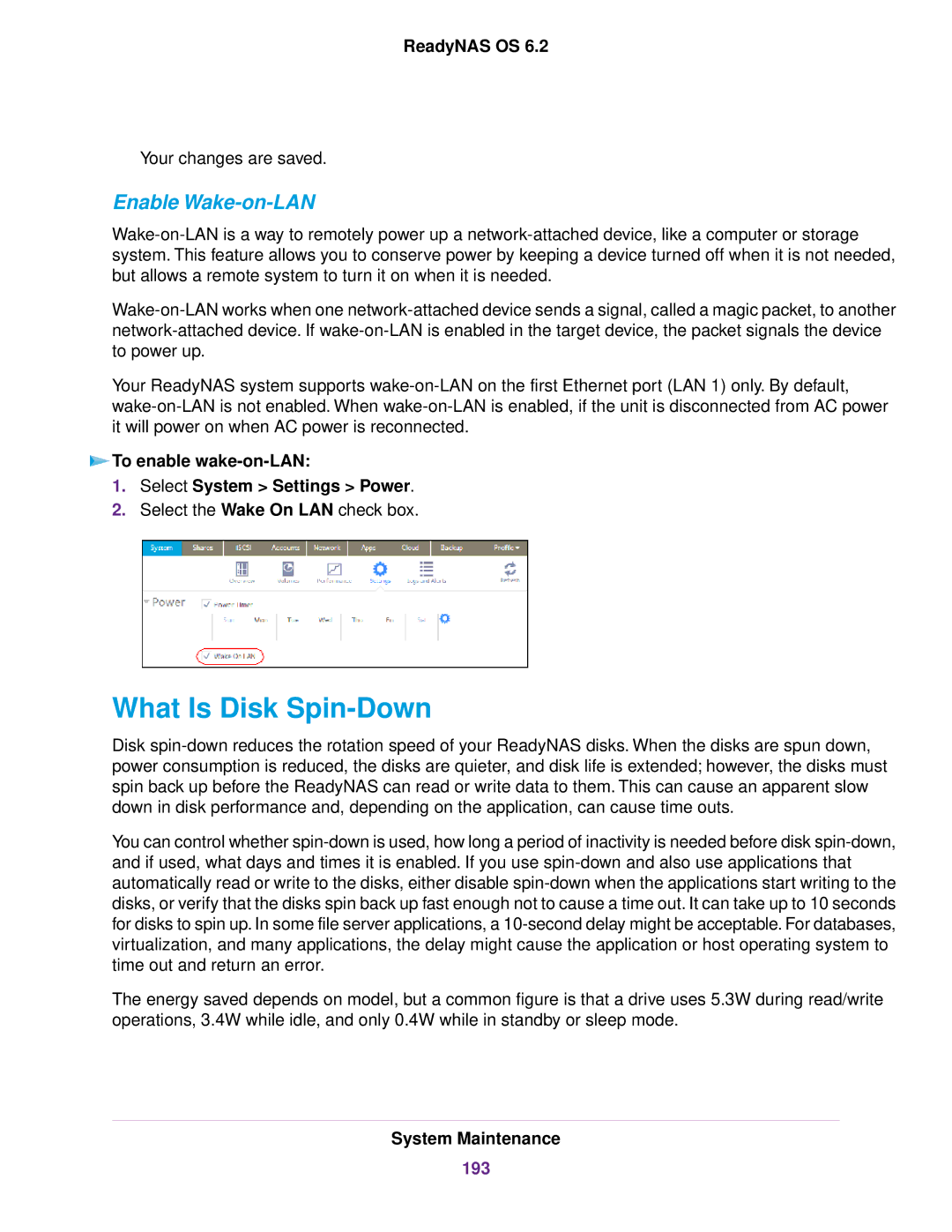 NETGEAR READYNAS 4220 What Is Disk Spin-Down, Enable Wake-on-LAN, To enable wake-on-LAN Select System Settings Power, 193 