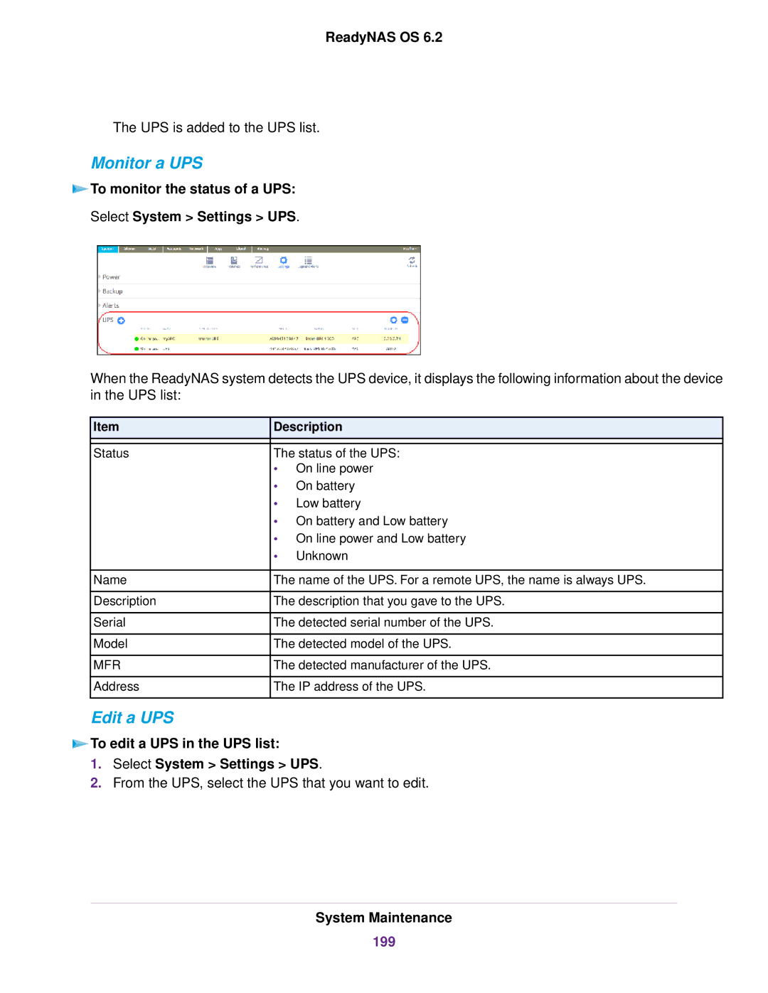 NETGEAR READYNAS 3220, EDA 500 Monitor a UPS, Edit a UPS, To monitor the status of a UPS Select System Settings UPS, 199 