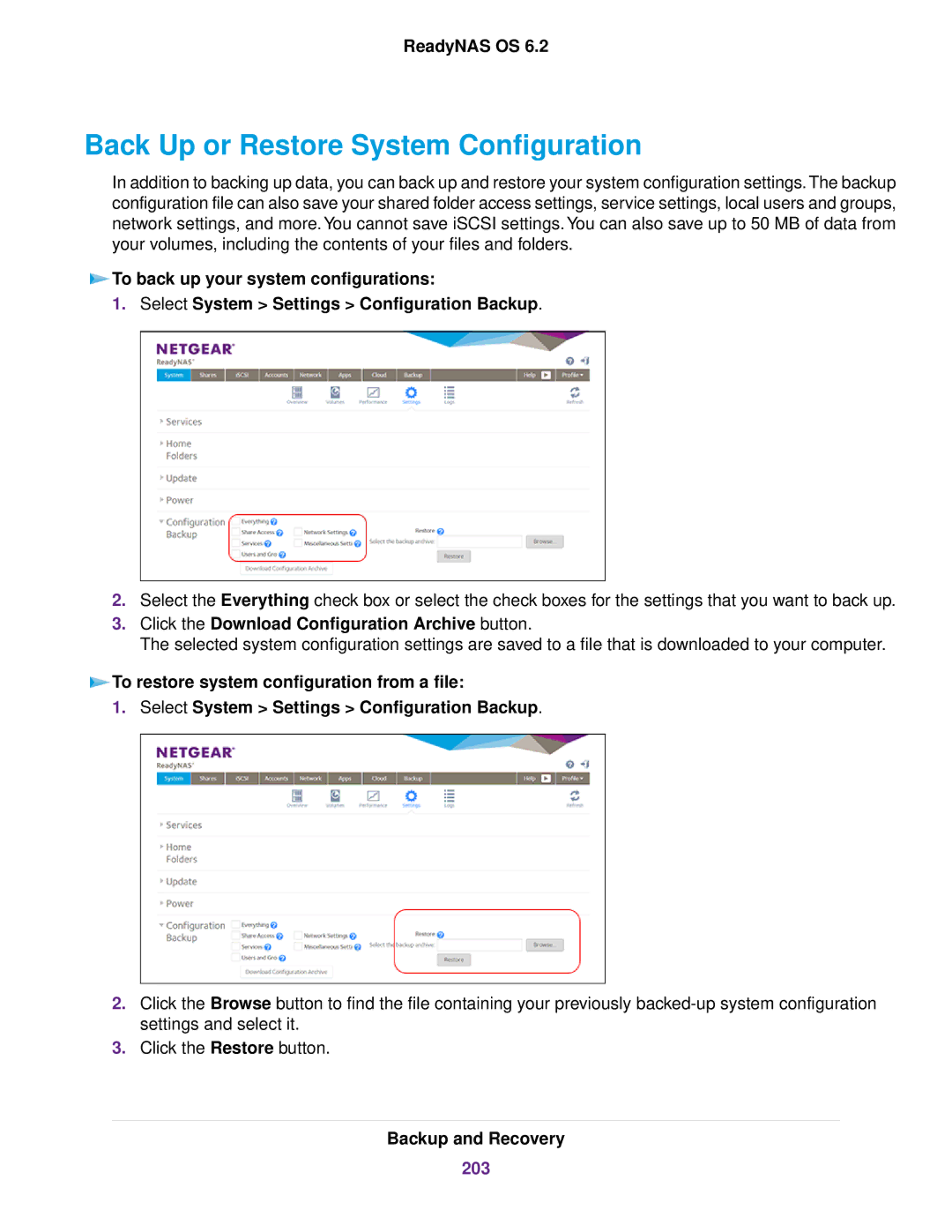 NETGEAR ReadyNAS 2120 v2 Back Up or Restore System Configuration, Click the Download Configuration Archive button, 203 