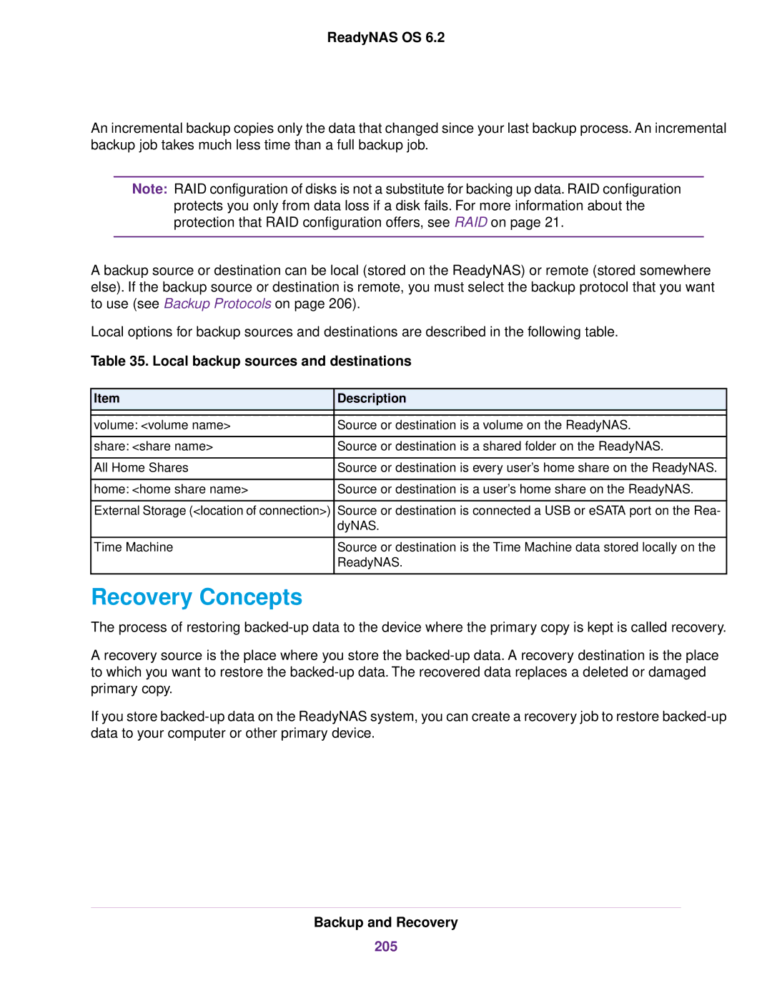 NETGEAR READYNAS 4220, READYNAS 716X, READYNAS 516, EDA 500 Recovery Concepts, Local backup sources and destinations, 205 