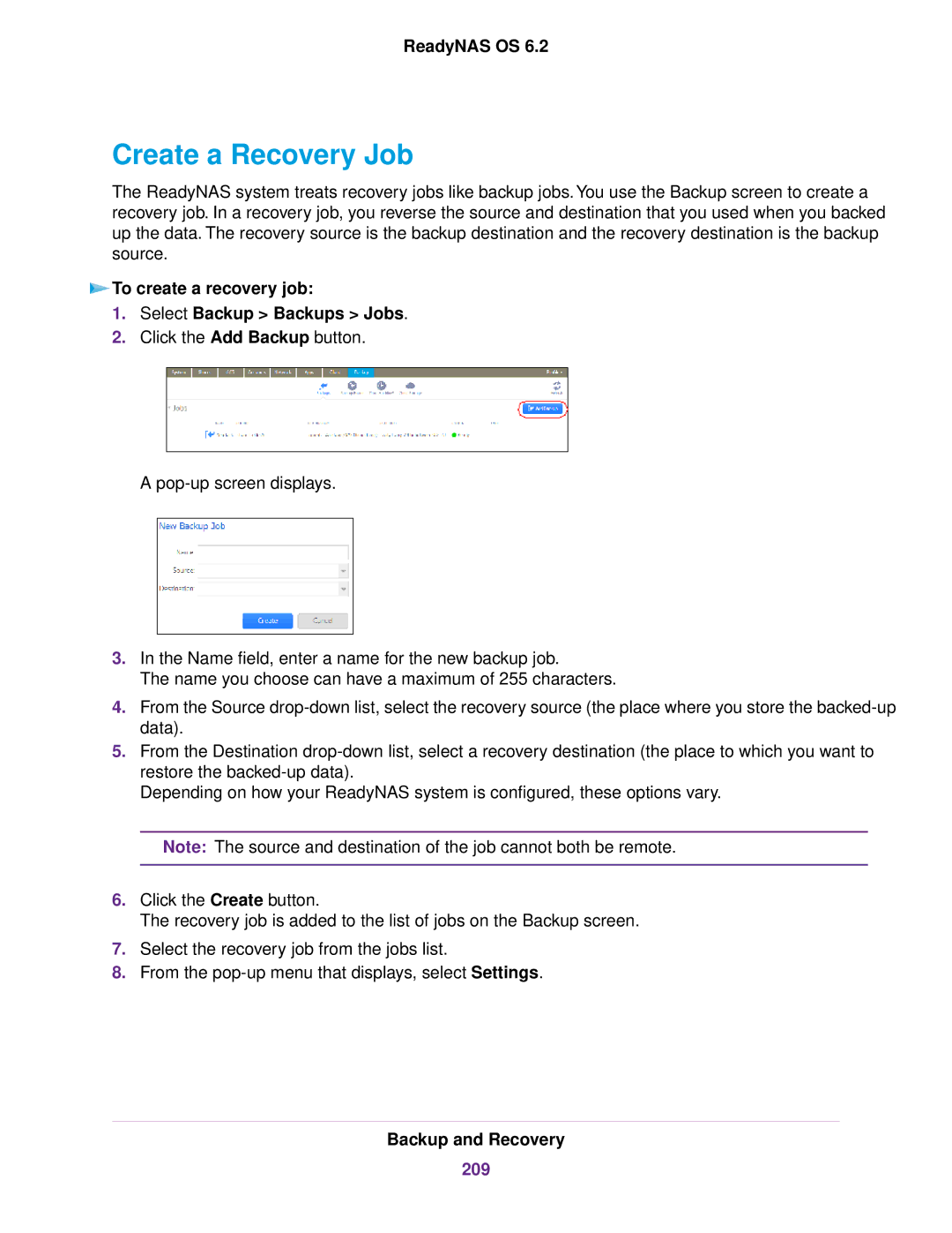 NETGEAR READYNAS 312, READYNAS 716X Create a Recovery Job, To create a recovery job Select Backup Backups Jobs, 209 