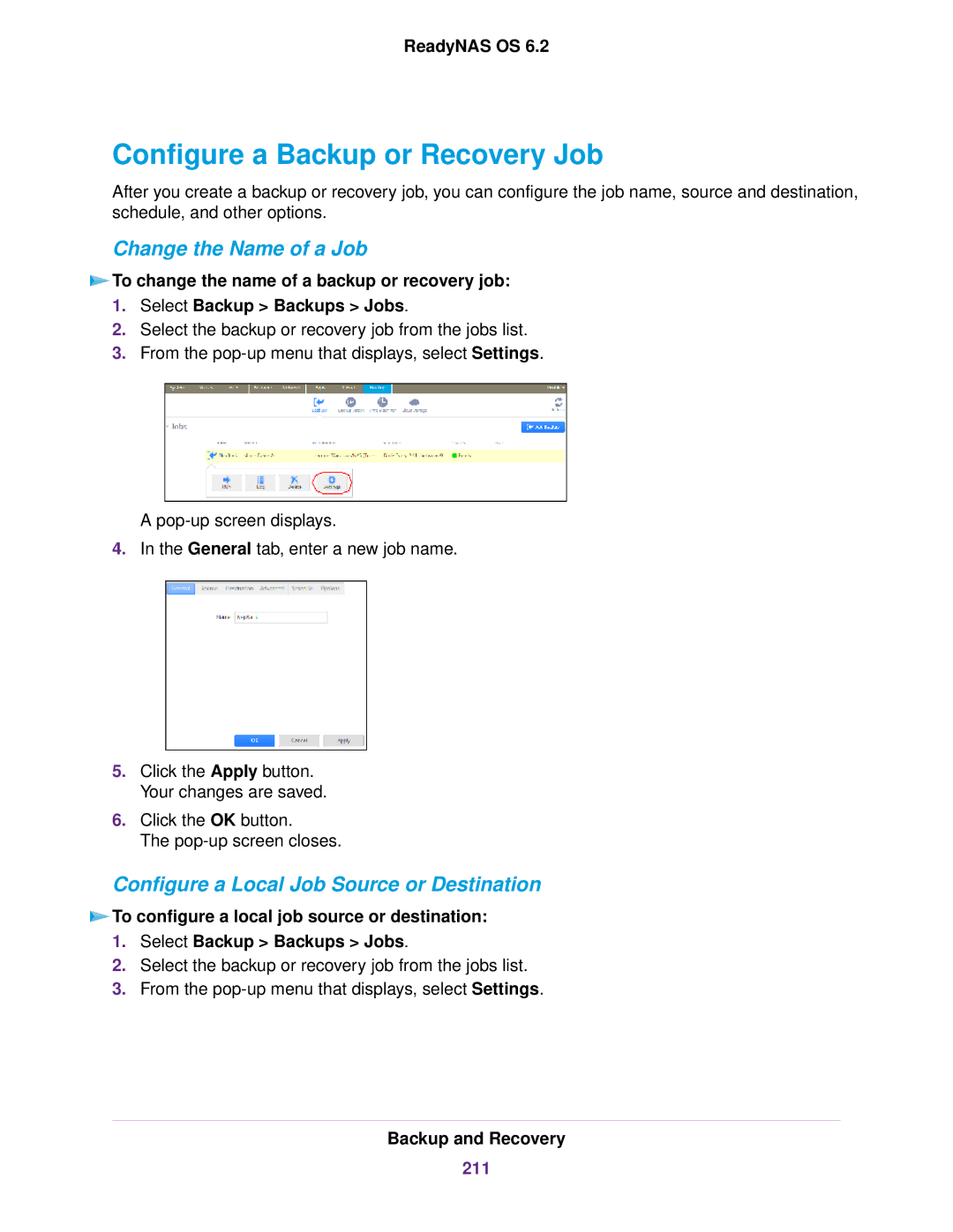 NETGEAR READYNAS 3220, READYNAS 716X, READYNAS 4220 Configure a Backup or Recovery Job, Change the Name of a Job, 211 