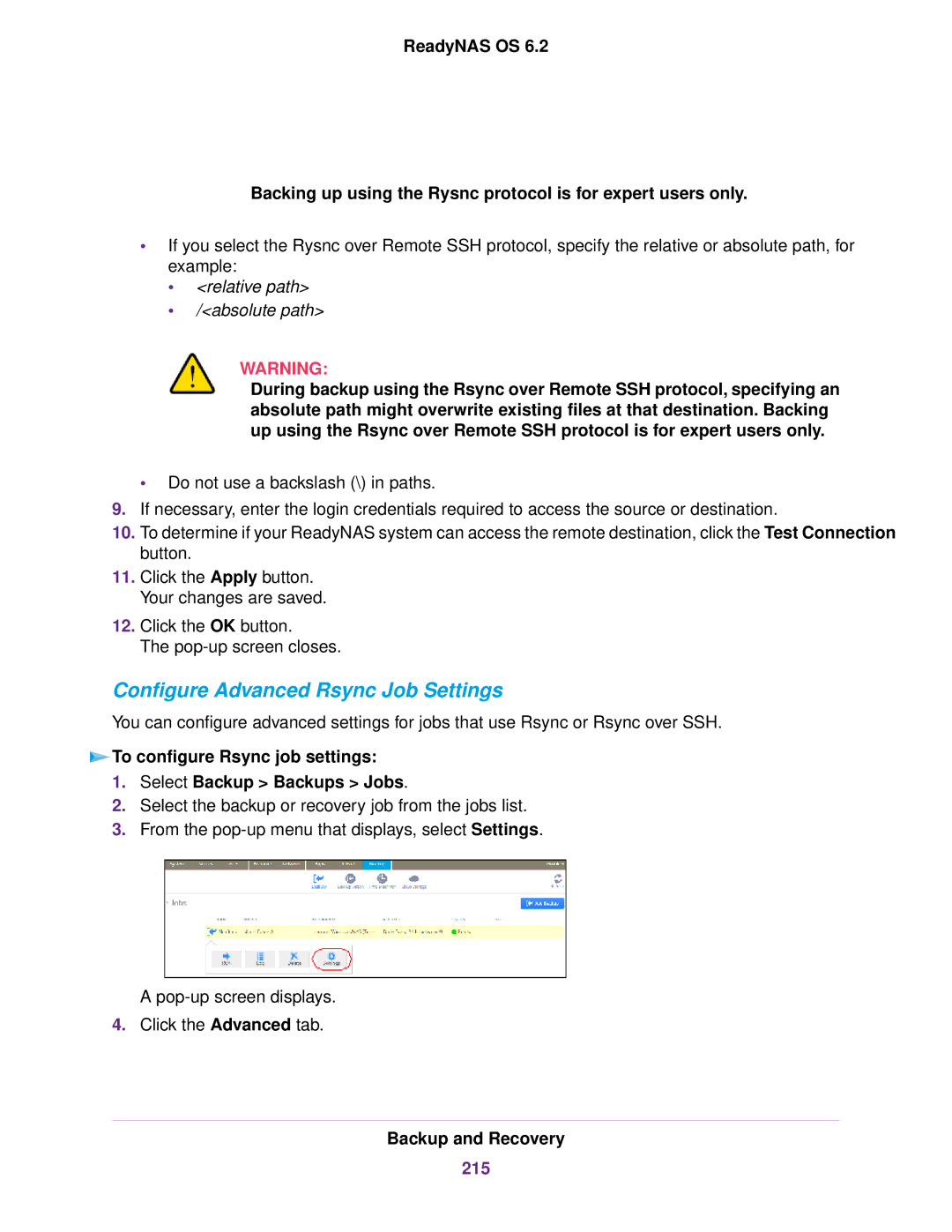 NETGEAR ReadyNAS 2120 v2 Configure Advanced Rsync Job Settings, To configure Rsync job settings Select Backup Backups Jobs 