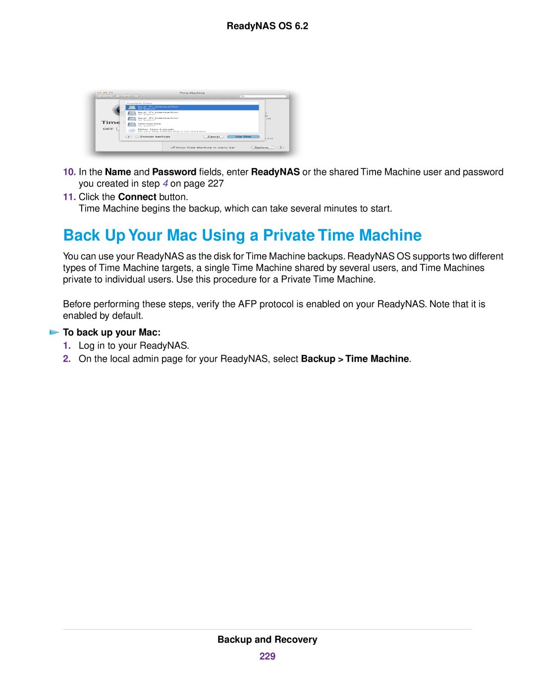 NETGEAR READYNAS 4220, READYNAS 716X, READYNAS 516 Back Up Your Mac Using a Private Time Machine, To back up your Mac, 229 