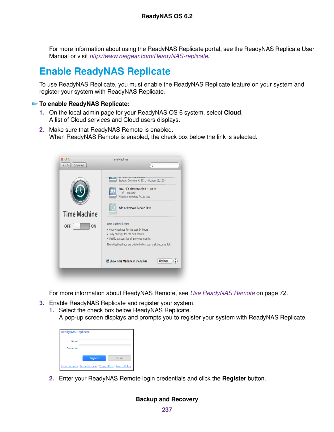 NETGEAR READYNAS 104, READYNAS 716X, READYNAS 4220, EDA 500 Enable ReadyNAS Replicate, To enable ReadyNAS Replicate, 237 