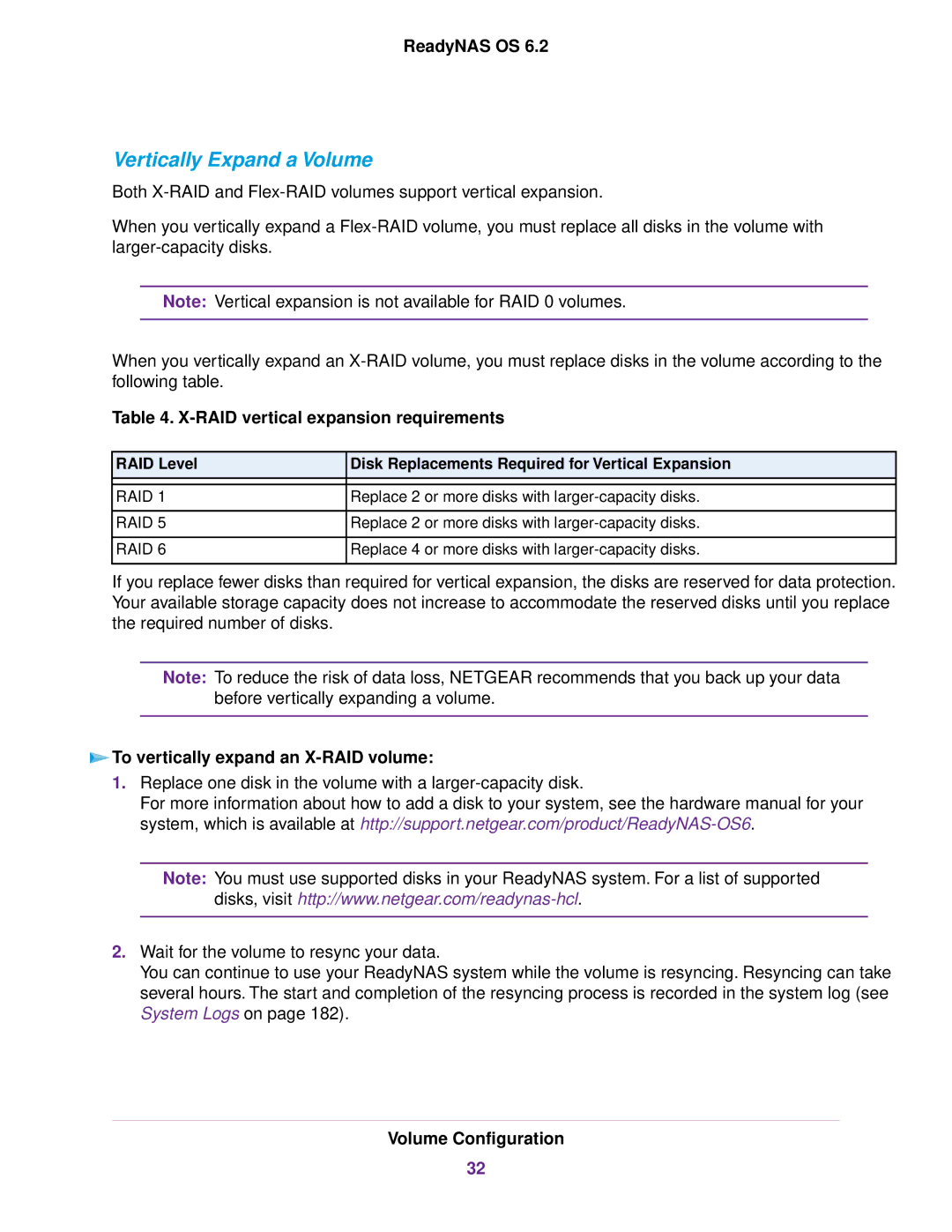 NETGEAR READYNAS 102, READYNAS 716X, READYNAS 4220, EDA 500 Vertically Expand a Volume, RAID vertical expansion requirements 