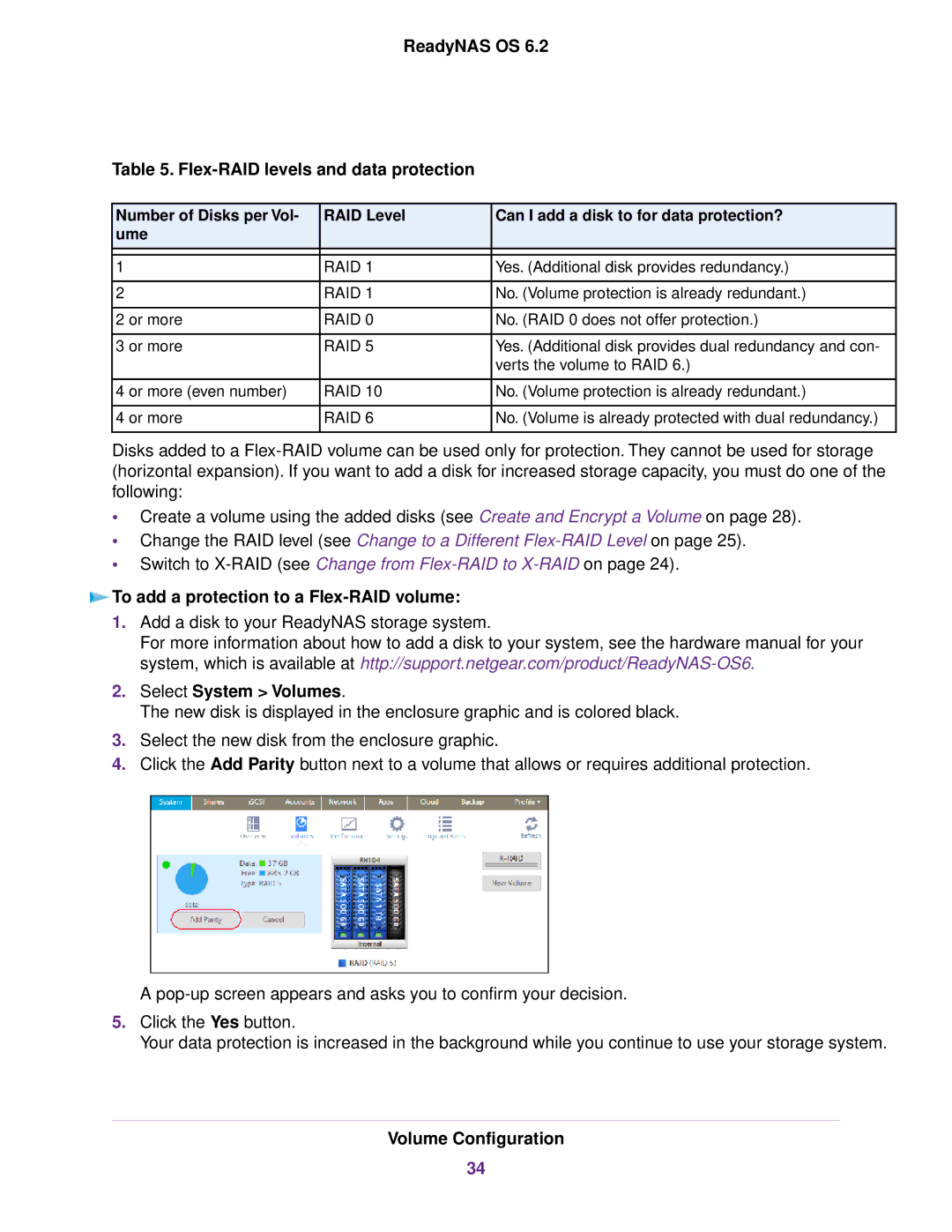 NETGEAR EDA 500, READYNAS 716X ReadyNAS OS Flex-RAID levels and data protection, To add a protection to a Flex-RAID volume 