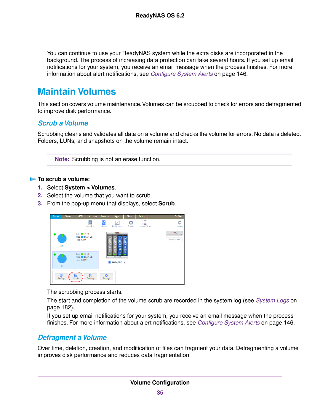 NETGEAR ReadyNAS 2120 v2 Maintain Volumes, Scrub a Volume, Defragment a Volume, To scrub a volume Select System Volumes 