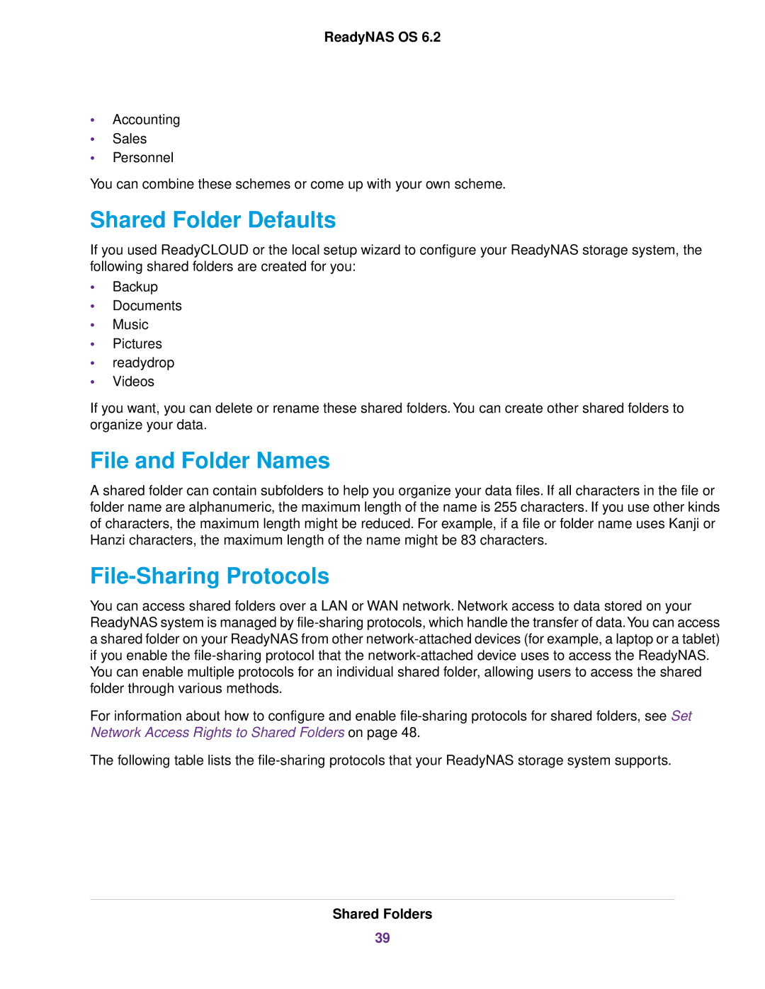 NETGEAR READYNAS 316, READYNAS 716X, READYNAS 4220 Shared Folder Defaults, File and Folder Names, File-Sharing Protocols 