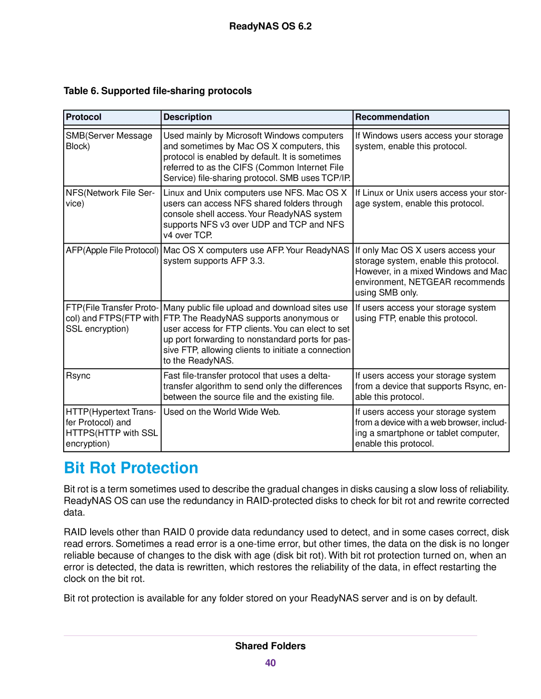 NETGEAR READYNAS 2120, READYNAS 716X, READYNAS 4220 Bit Rot Protection, ReadyNAS OS Supported file-sharing protocols 