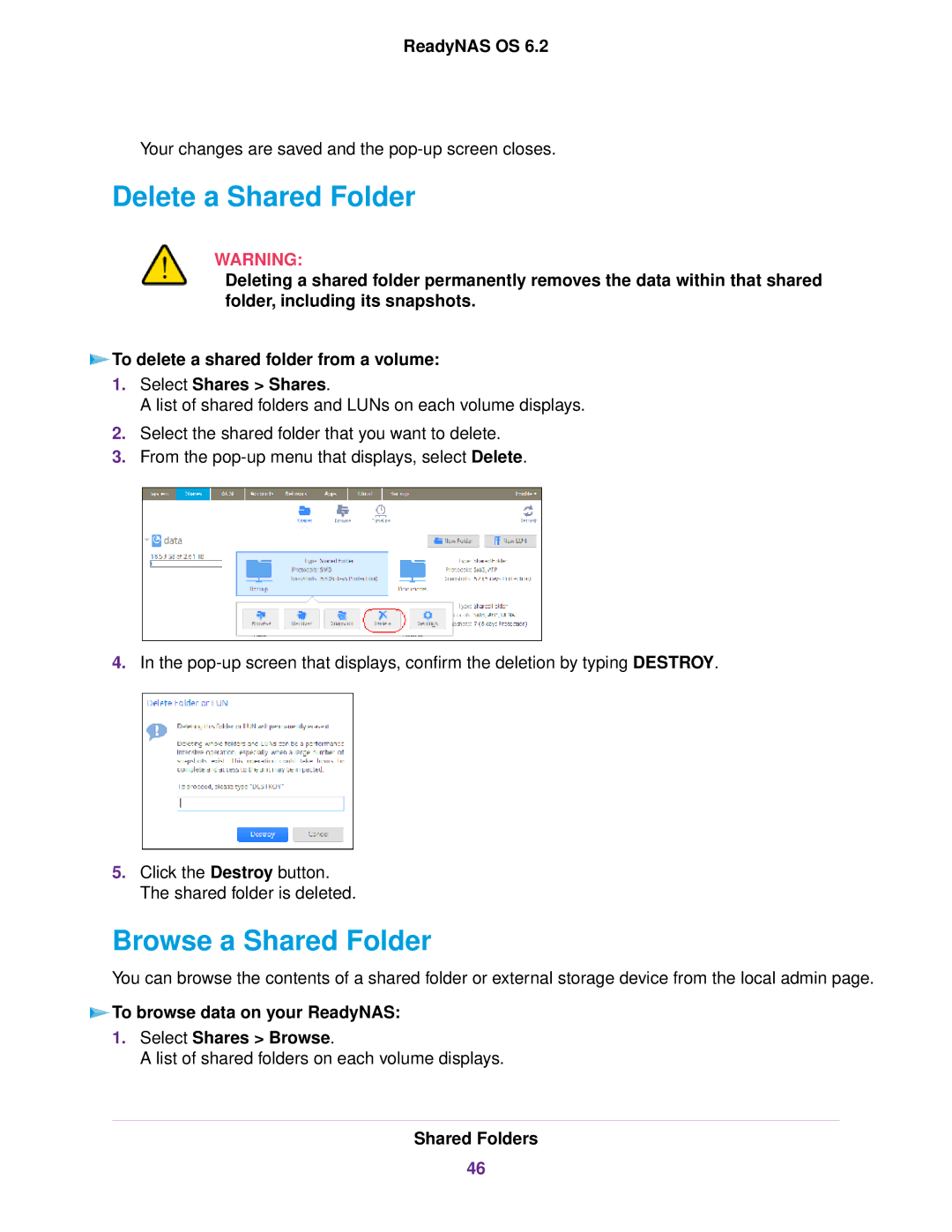 NETGEAR EDA 500 Delete a Shared Folder, Browse a Shared Folder, To browse data on your ReadyNAS Select Shares Browse 