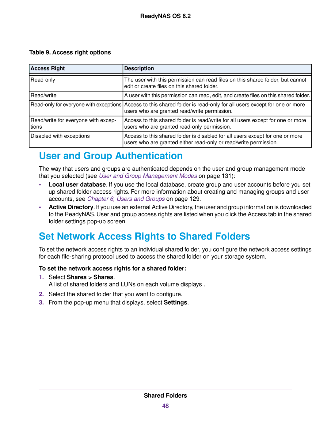 NETGEAR READYNAS 716X, READYNAS 4220, EDA 500 User and Group Authentication, Set Network Access Rights to Shared Folders 