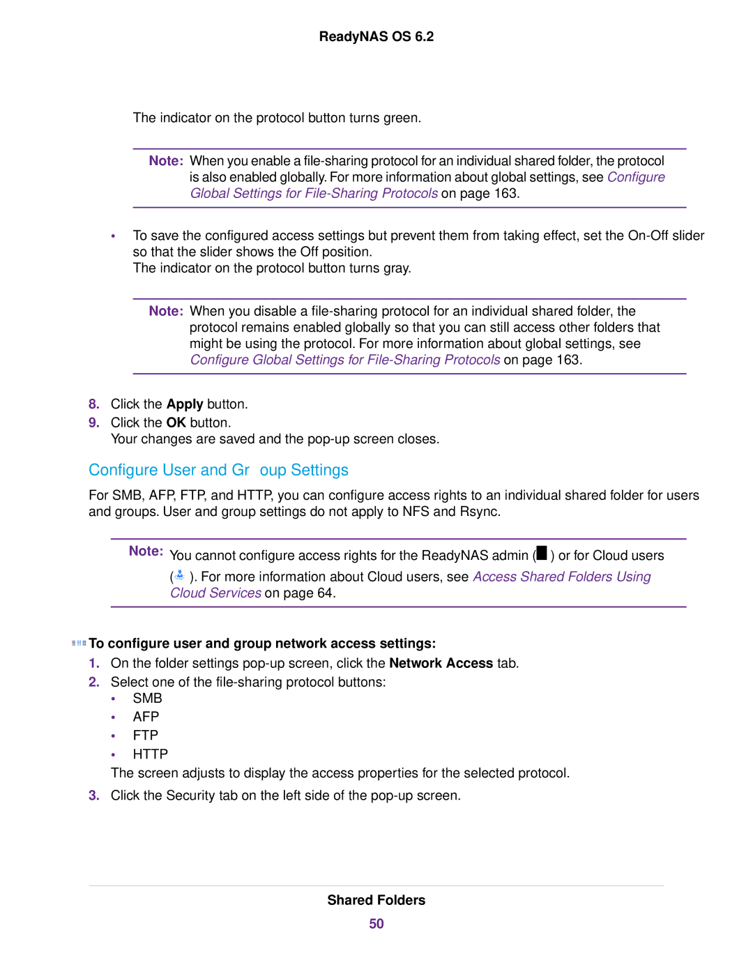 NETGEAR READYNAS 516, READYNAS 716X Configure User and Group Settings, To configure user and group network access settings 