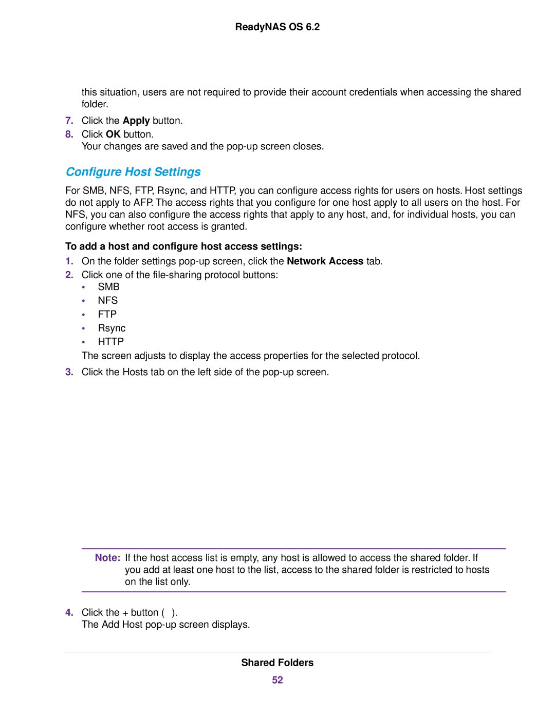 NETGEAR READYNAS 2120, READYNAS 716X, EDA 500 Configure Host Settings, To add a host and configure host access settings 