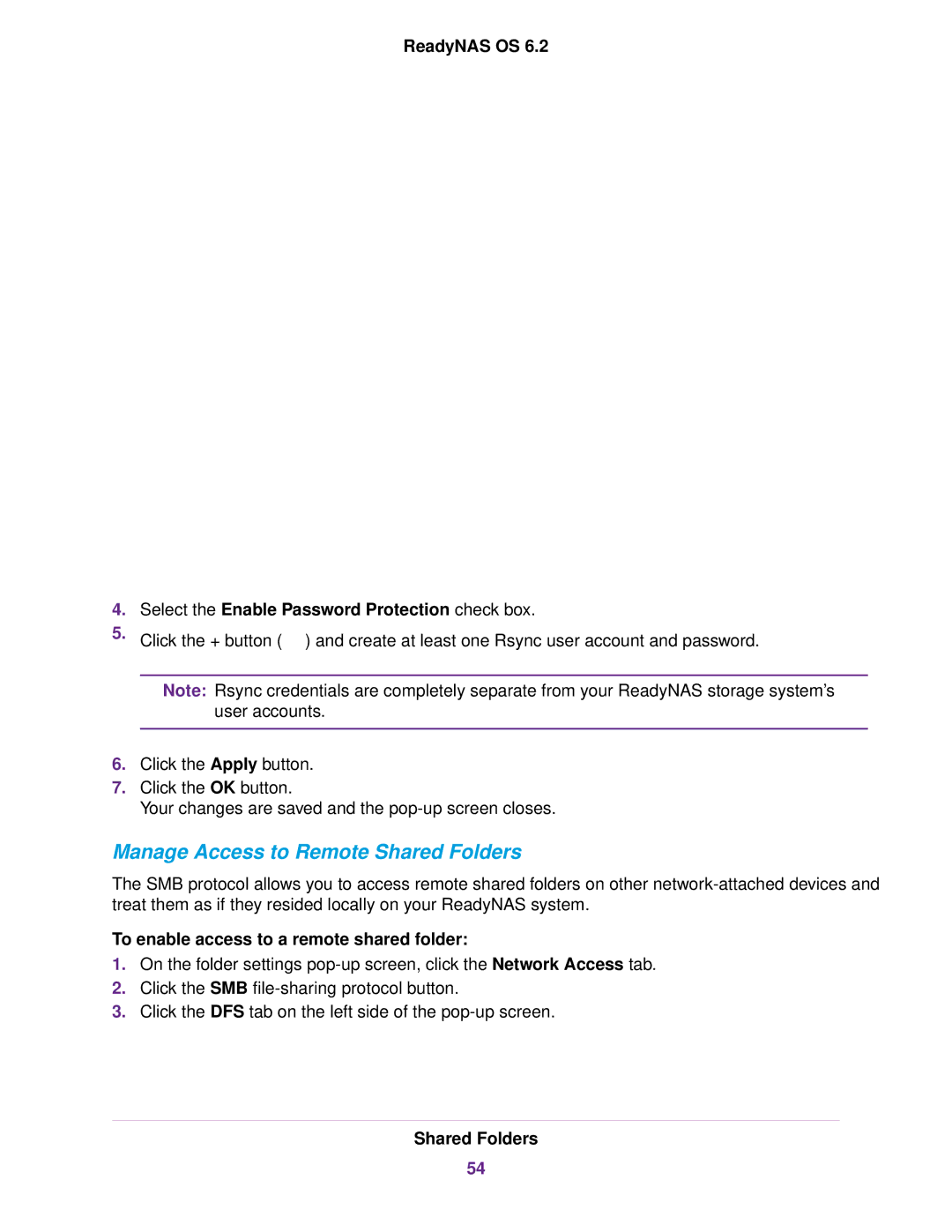 NETGEAR READYNAS 314 Manage Access to Remote Shared Folders, ReadyNAS OS Select the Enable Password Protection check box 