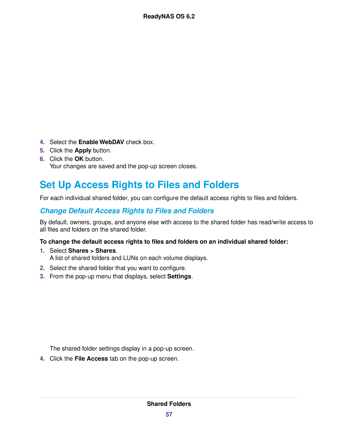 NETGEAR READYNAS 104, EDA 500 Set Up Access Rights to Files and Folders, Change Default Access Rights to Files and Folders 