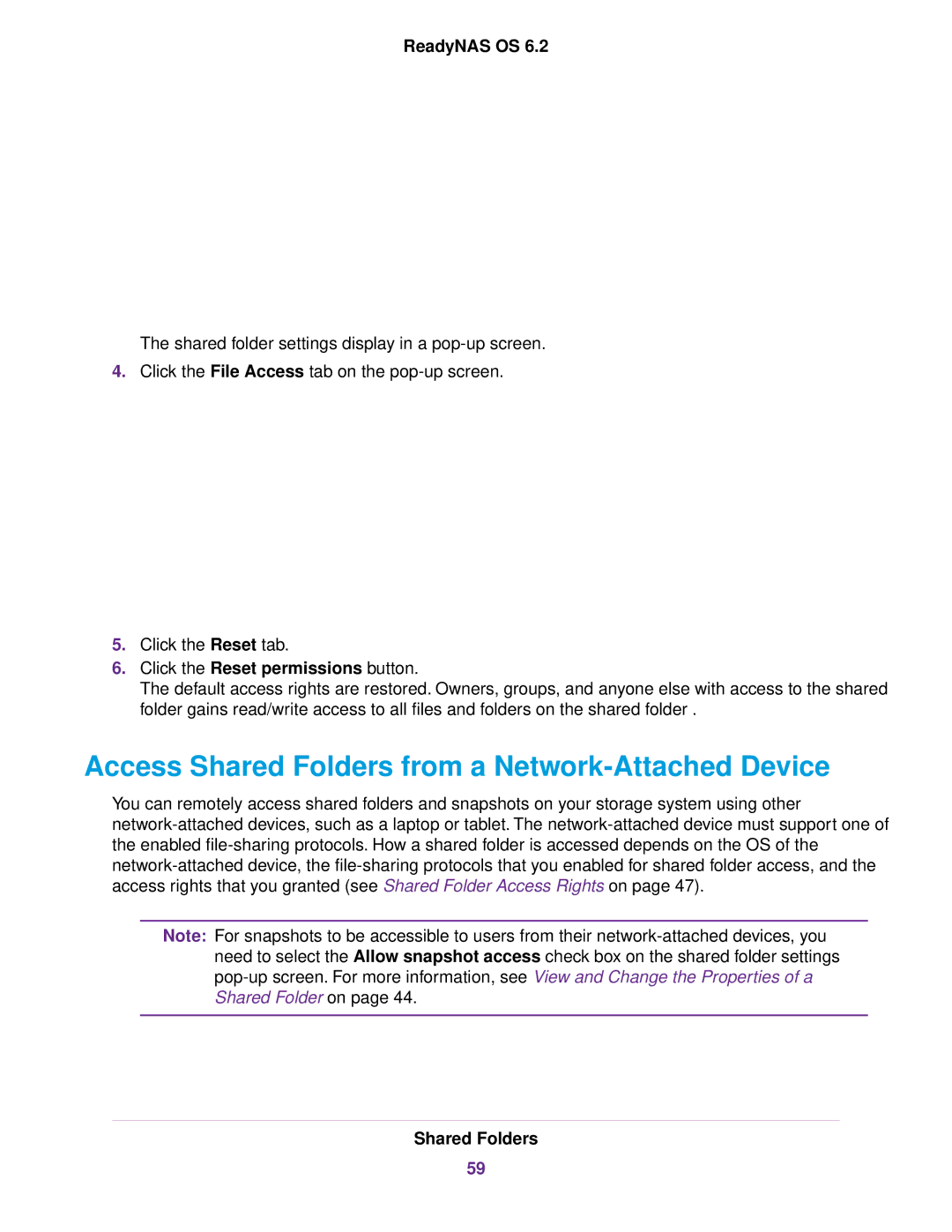 NETGEAR ReadyNAS 2120 v2, EDA 500 Access Shared Folders from a Network-Attached Device, Click the Reset permissions button 