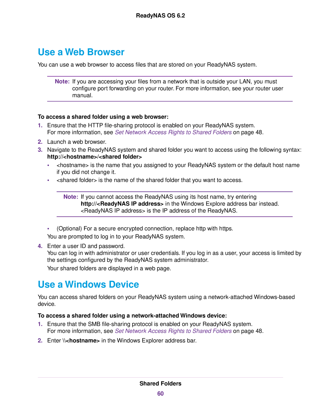 NETGEAR READYNAS 716X, READYNAS 516 Use a Web Browser, Use a Windows Device, To access a shared folder using a web browser 