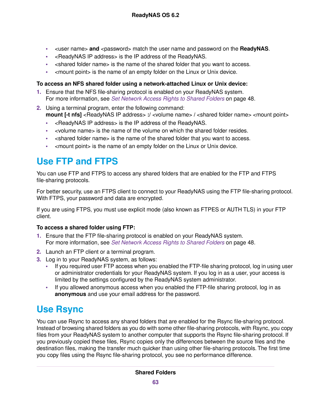 NETGEAR READYNAS 316, READYNAS 716X, READYNAS 4220, EDA 500 Use FTP and Ftps, Use Rsync, To access a shared folder using FTP 