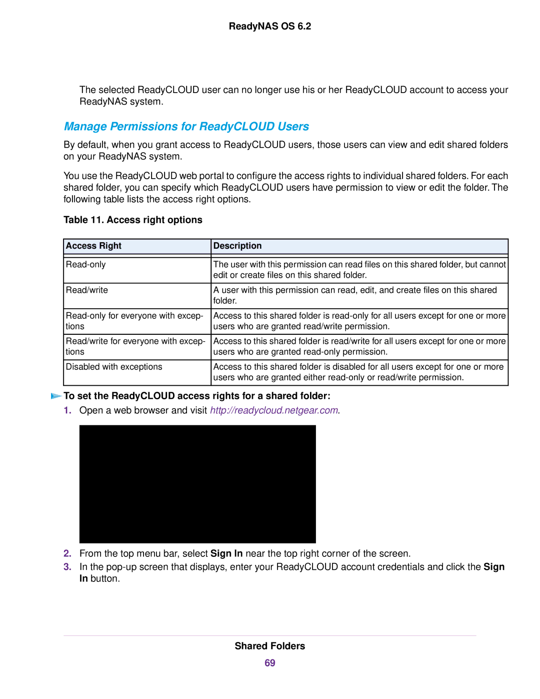 NETGEAR READYNAS 104 Manage Permissions for ReadyCLOUD Users, To set the ReadyCLOUD access rights for a shared folder 