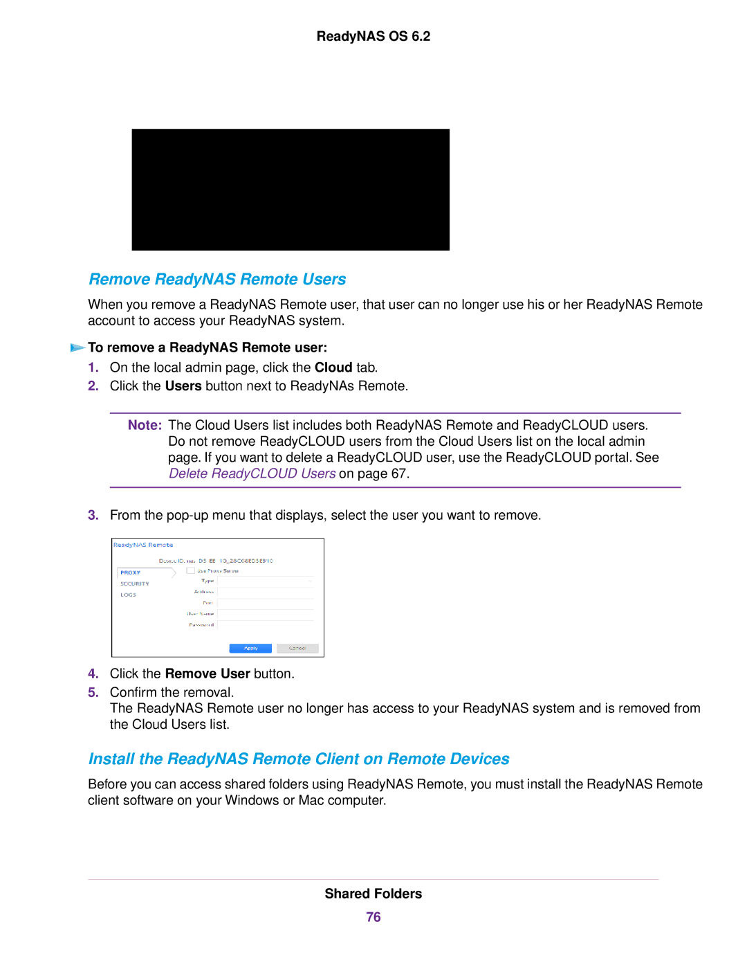 NETGEAR READYNAS 2120, READYNAS 716X Remove ReadyNAS Remote Users, Install the ReadyNAS Remote Client on Remote Devices 