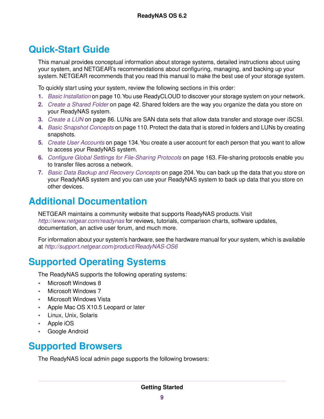 NETGEAR READYNAS 104, EDA 500 Quick-Start Guide, Additional Documentation Supported Operating Systems, Supported Browsers 