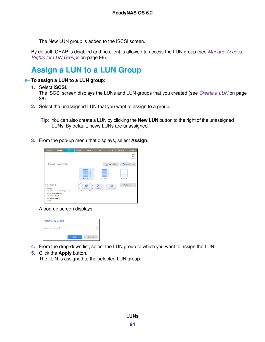 NETGEAR EDA 500, READYNAS 716X, READYNAS 4220, READYNAS 516 Assign a LUN to a LUN Group, To assign a LUN to a LUN group 