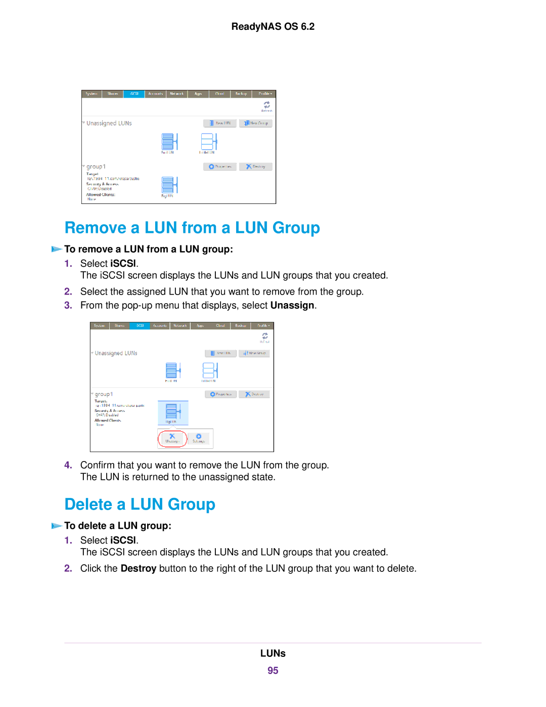 NETGEAR ReadyNAS 2120 v2, READYNAS 516 Remove a LUN from a LUN Group, Delete a LUN Group, To remove a LUN from a LUN group 