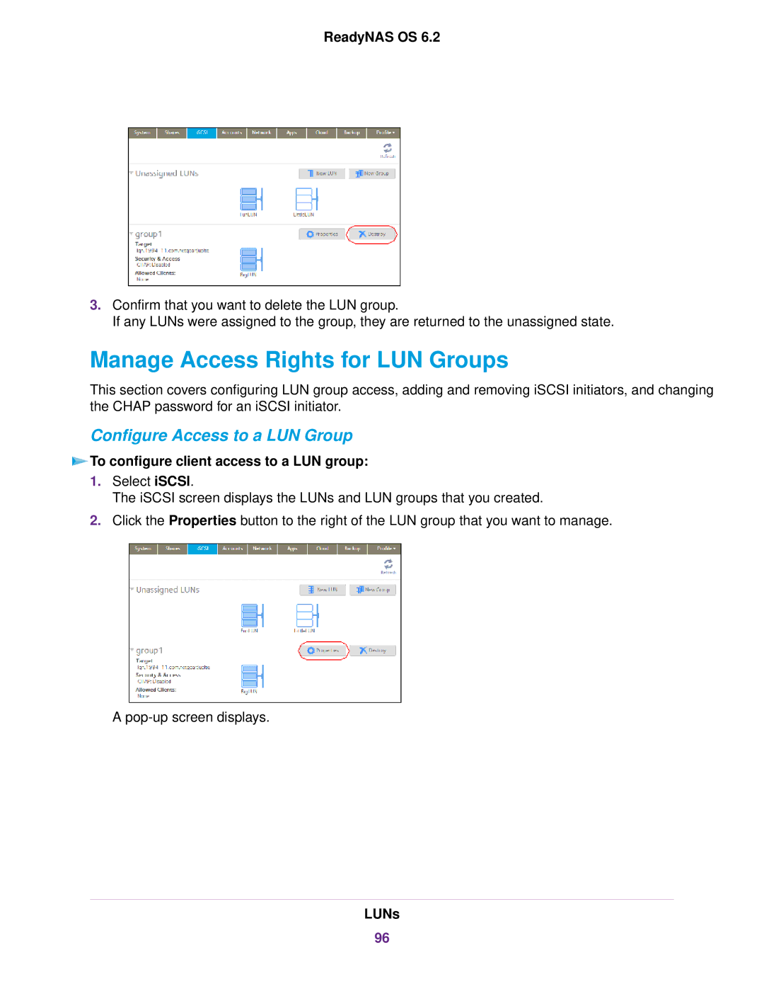 NETGEAR READYNAS 716X, READYNAS 4220, READYNAS 516 Manage Access Rights for LUN Groups, Configure Access to a LUN Group 