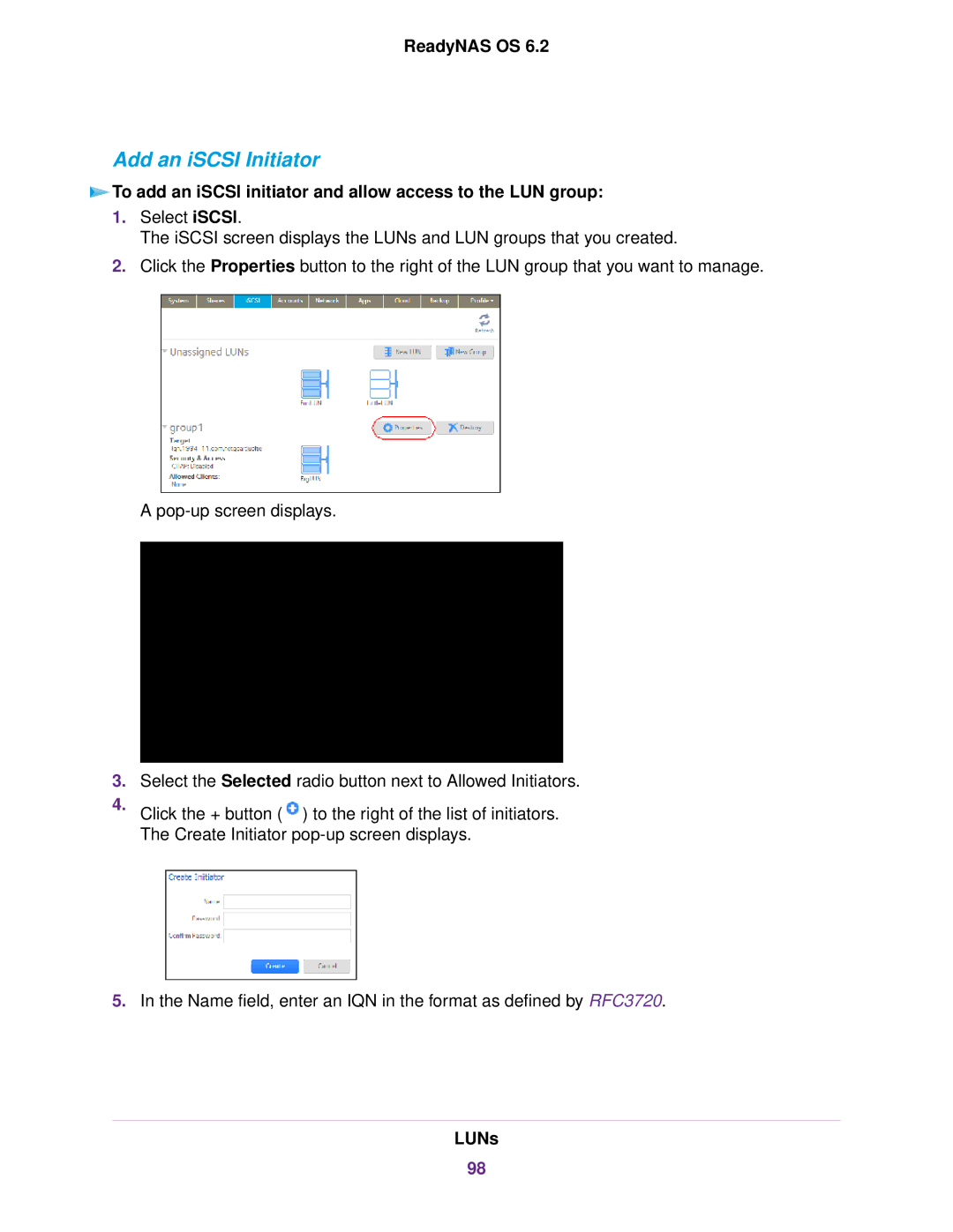 NETGEAR READYNAS 516, READYNAS 716X Add an iSCSI Initiator, To add an iSCSI initiator and allow access to the LUN group 