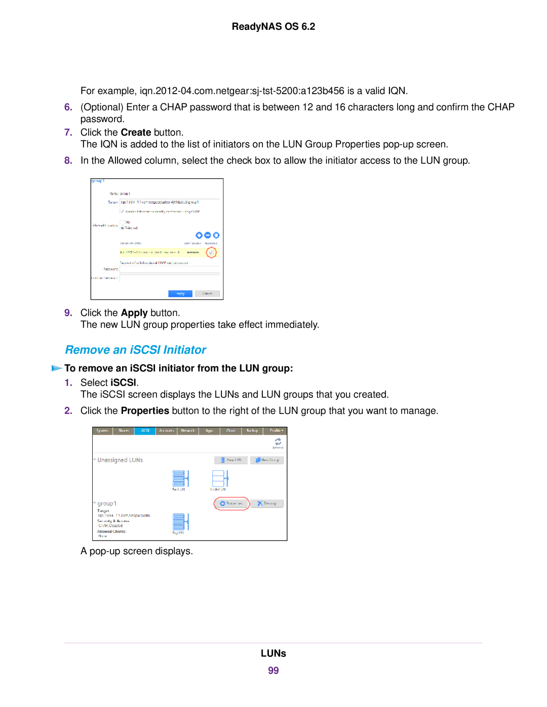 NETGEAR READYNAS 316, READYNAS 716X, EDA 500 Remove an iSCSI Initiator, To remove an iSCSI initiator from the LUN group 